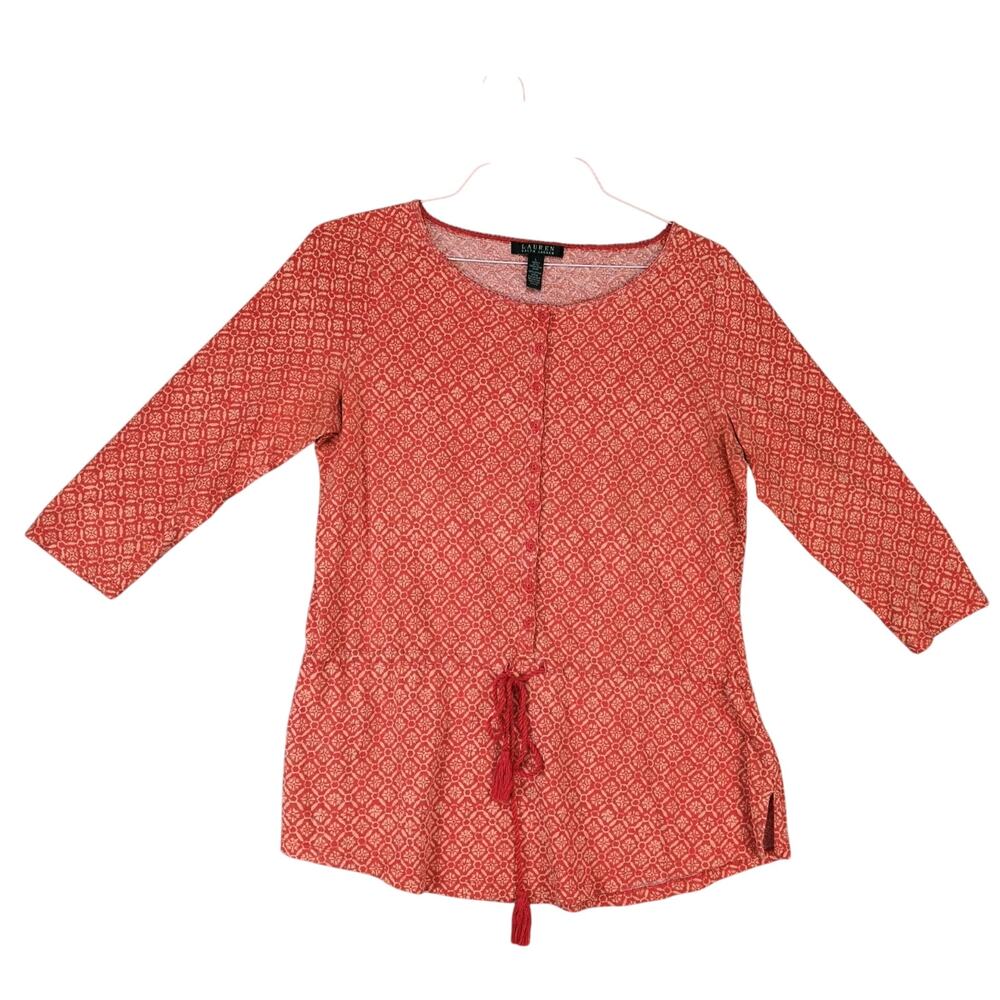 LRL Ralph Lauren Orange Boho Print Tunic Top‎ Shirt Women's L Tassel Drawstring